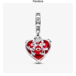 Pandora Disney Mickey & Minnie Mouse Kiss Red Murano Glass Dangle Charm